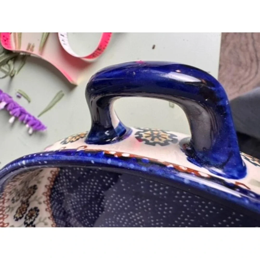 Vintage Hand-painted Serving Dish Stoneware Cobalt Blue‎ Floral Unikat Pattern